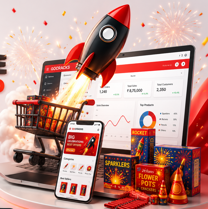 GoCracks product illustration — admin dashboard on laptop, shop app on mobile, and firecracker inventory